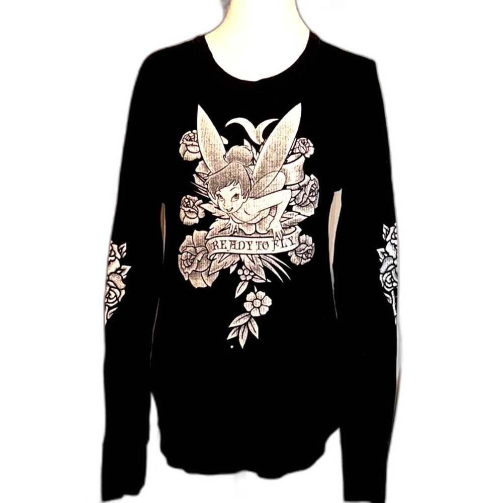 Y2K Vintage Disney Tinker Bell Black Thermal Long Sleeve Graphic Top Large